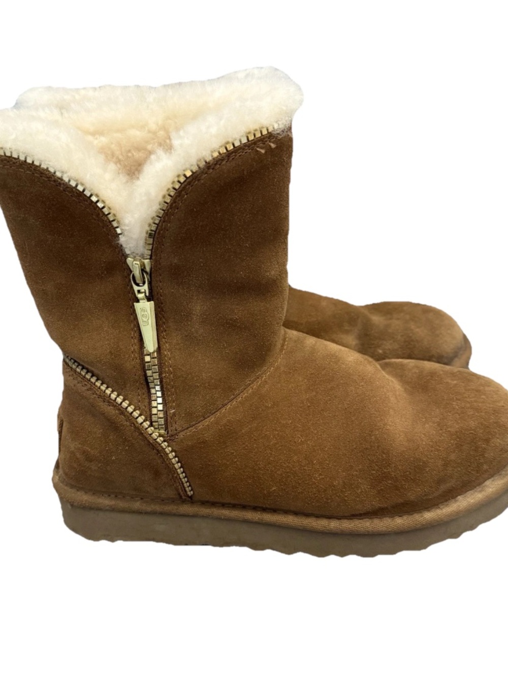 UGG Chestnut Suede Mid-Calf Rhinestone Zipper Boots Bling Y2K Women’s Size 7